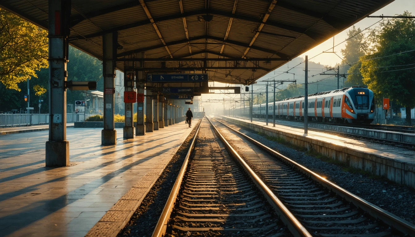 Ein Bahnsteig in Deutschland, menschenleer, Nachmittagslicht, Schienen in der Perspektive, keine Personen sichtbar