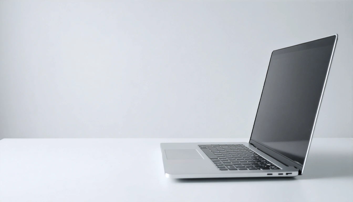 Ein aufgeklappter Laptop auf einem hellen Schreibtisch, neutraler Hintergrund, klares Studienlicht
