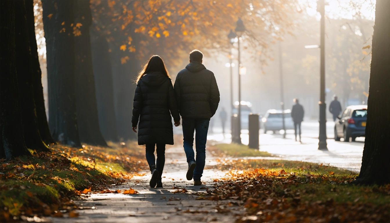 Zwei Personen bei einem gemeinsamen Spaziergang, Unschärfe, filmisch, kein erkennbares Gesicht