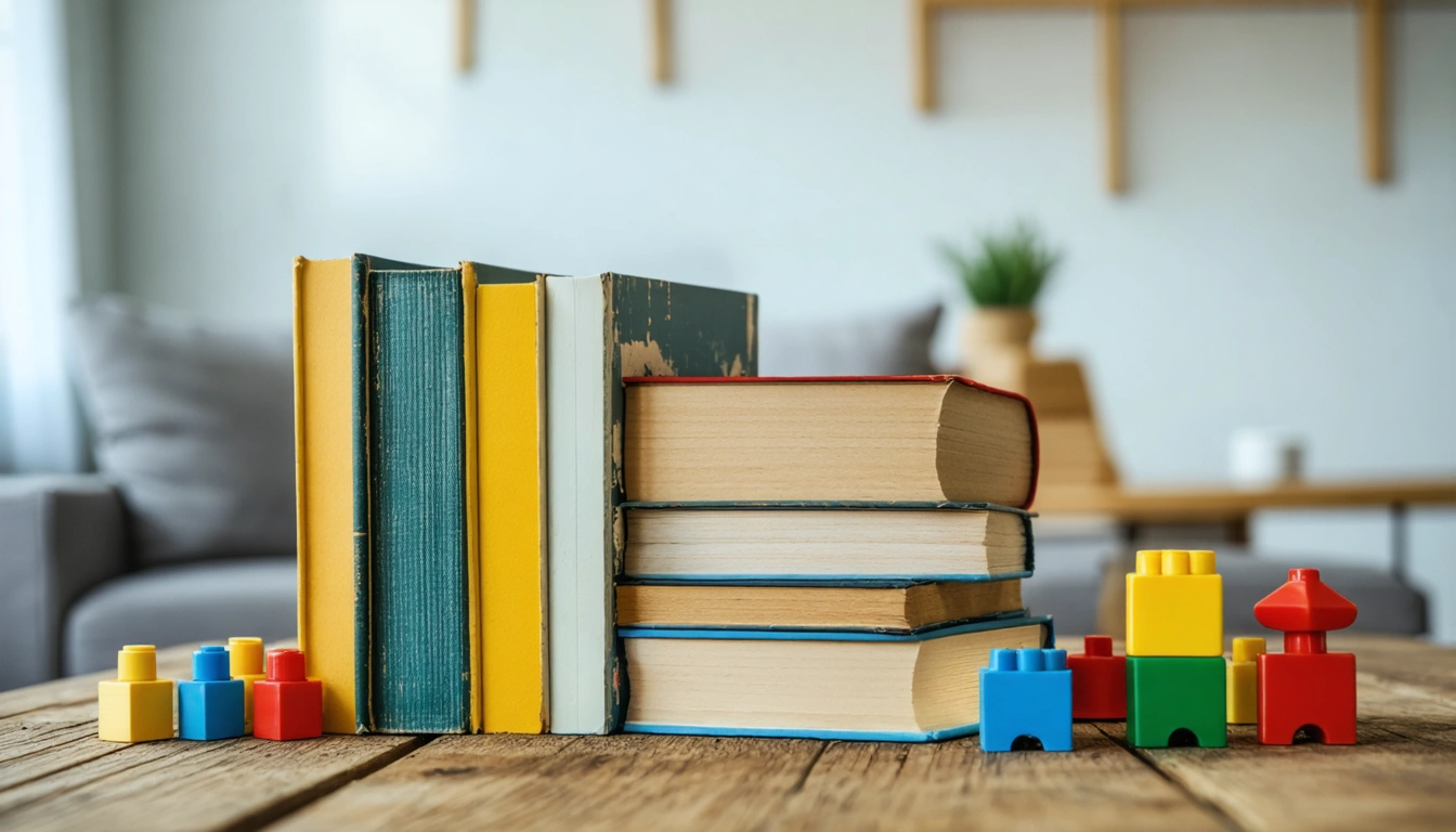 Nahaufnahme von Kinderbüchern und Bausteinen auf einem Holztisch, filmisches Licht, gedämpfte Farben