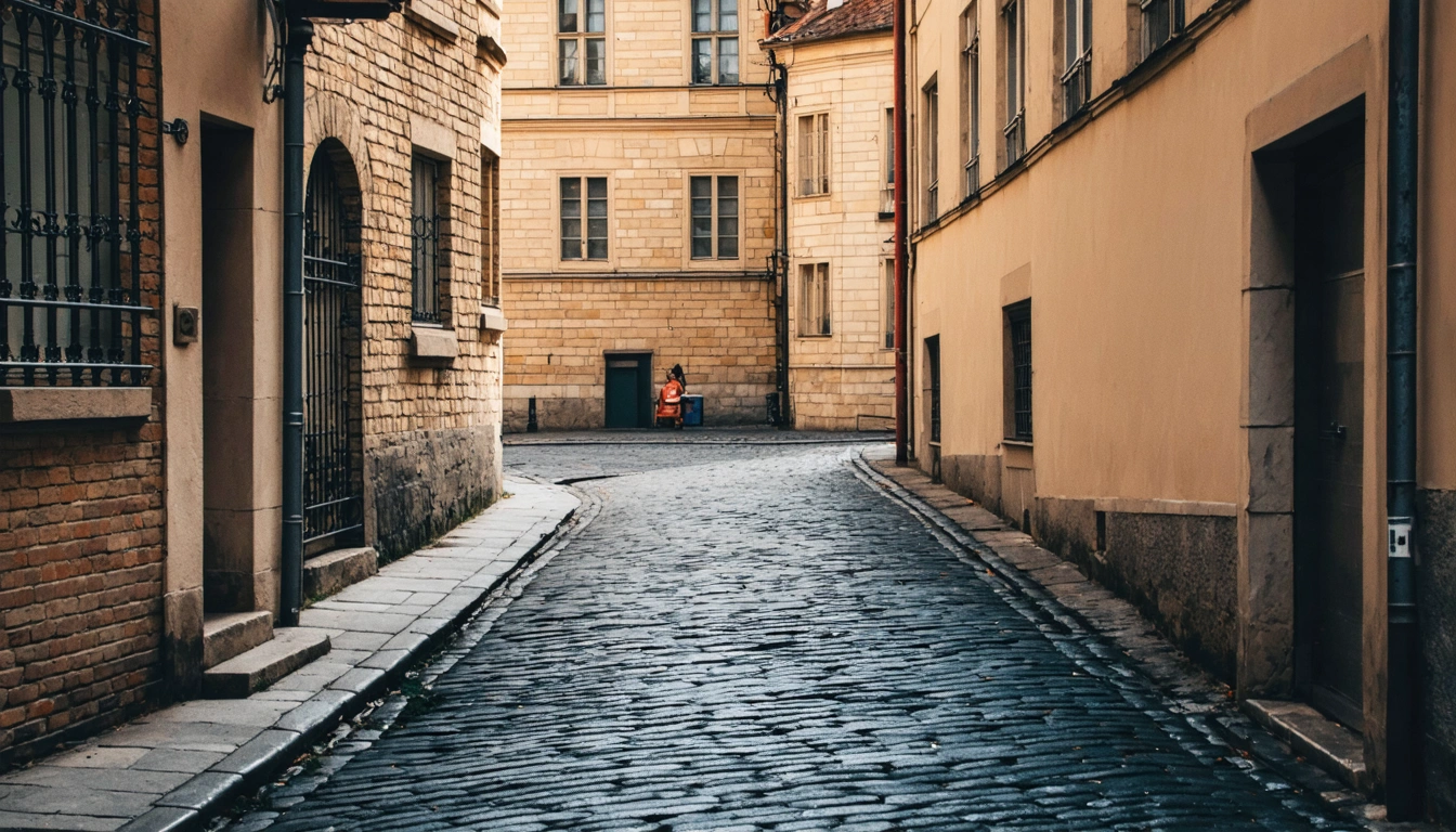 Blick auf eine europäische Gasse mit Kopfsteinpflaster und historischen Gebäudefassaden, gedämpfte Naturfotografie