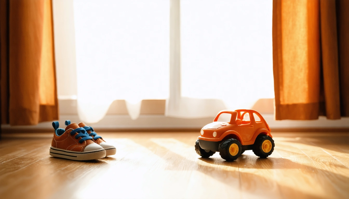 Kinderschuhe und ein kleines Spielzeugauto auf einem hellen Holzboden, warmtoniges Tageslicht von der Seite