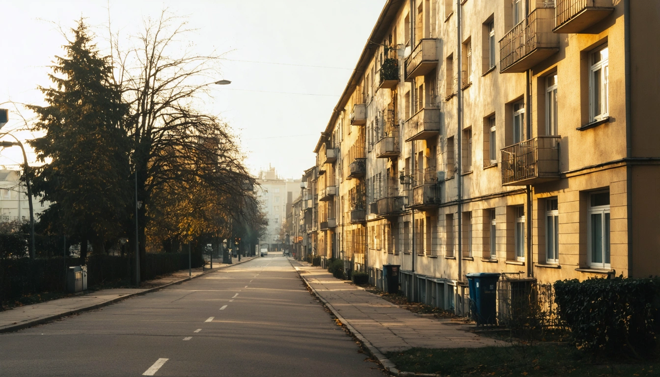 Blick auf eine ruhige Wohnstraße in einer deutschen Stadt, Altbauten im warmen Nachmittagslicht