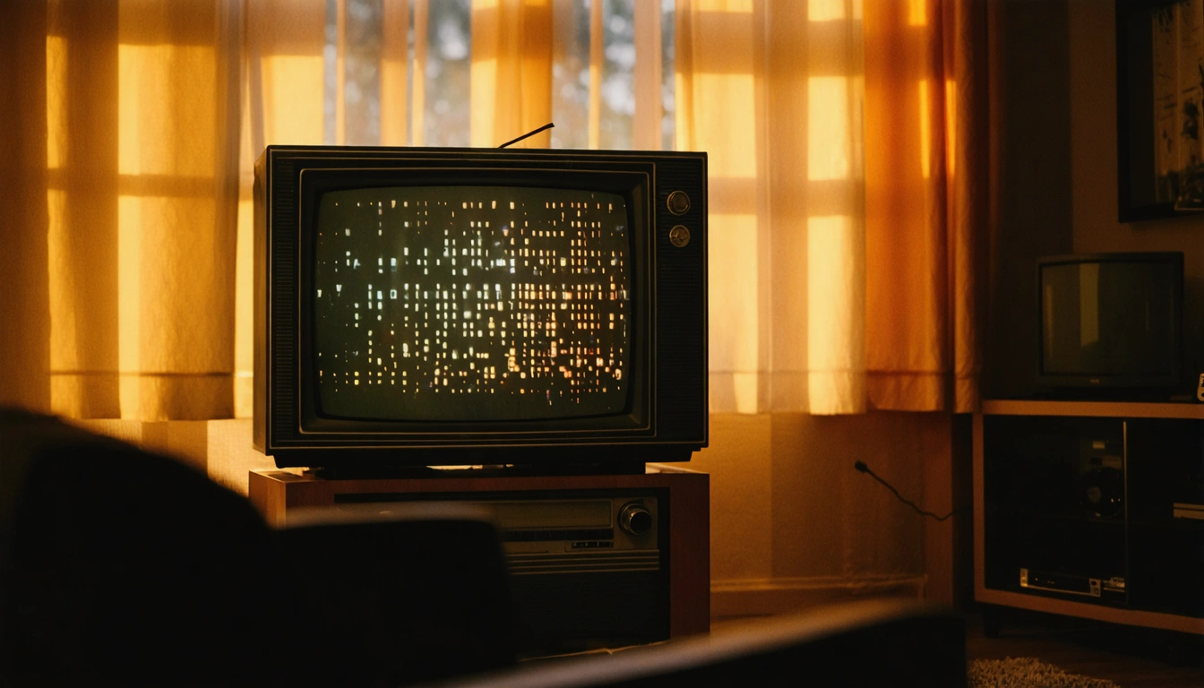 Ein älteres deutsches Fernsehgerät in einem warmbeleuchteten Wohnzimmer, der Bildschirm leuchtet