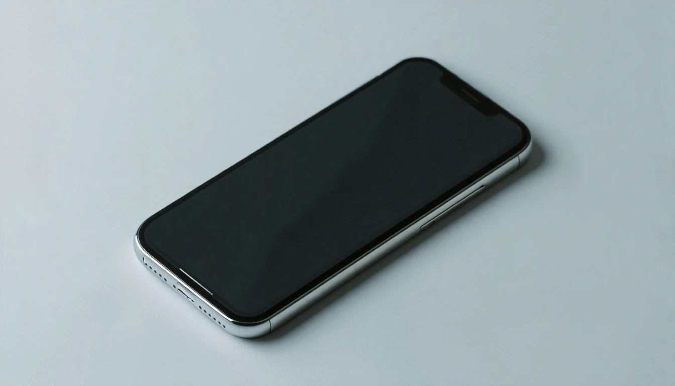 Ein Smartphone auf einem neutralen grauen Untergrund, klares Studienlicht, kein Display-Inhalt sichtbar