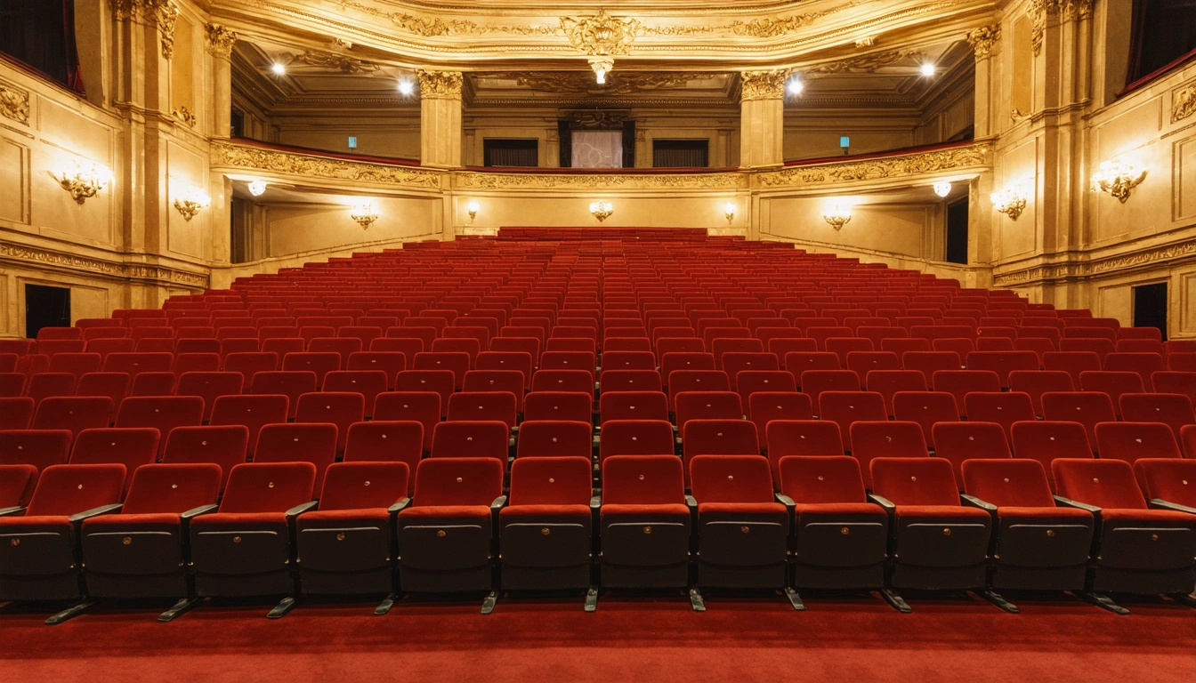 Ein leerer historischer Theatersaal mit goldenen Details, Stuckornamenten und roten Sitzen, kein Mensch zu sehen