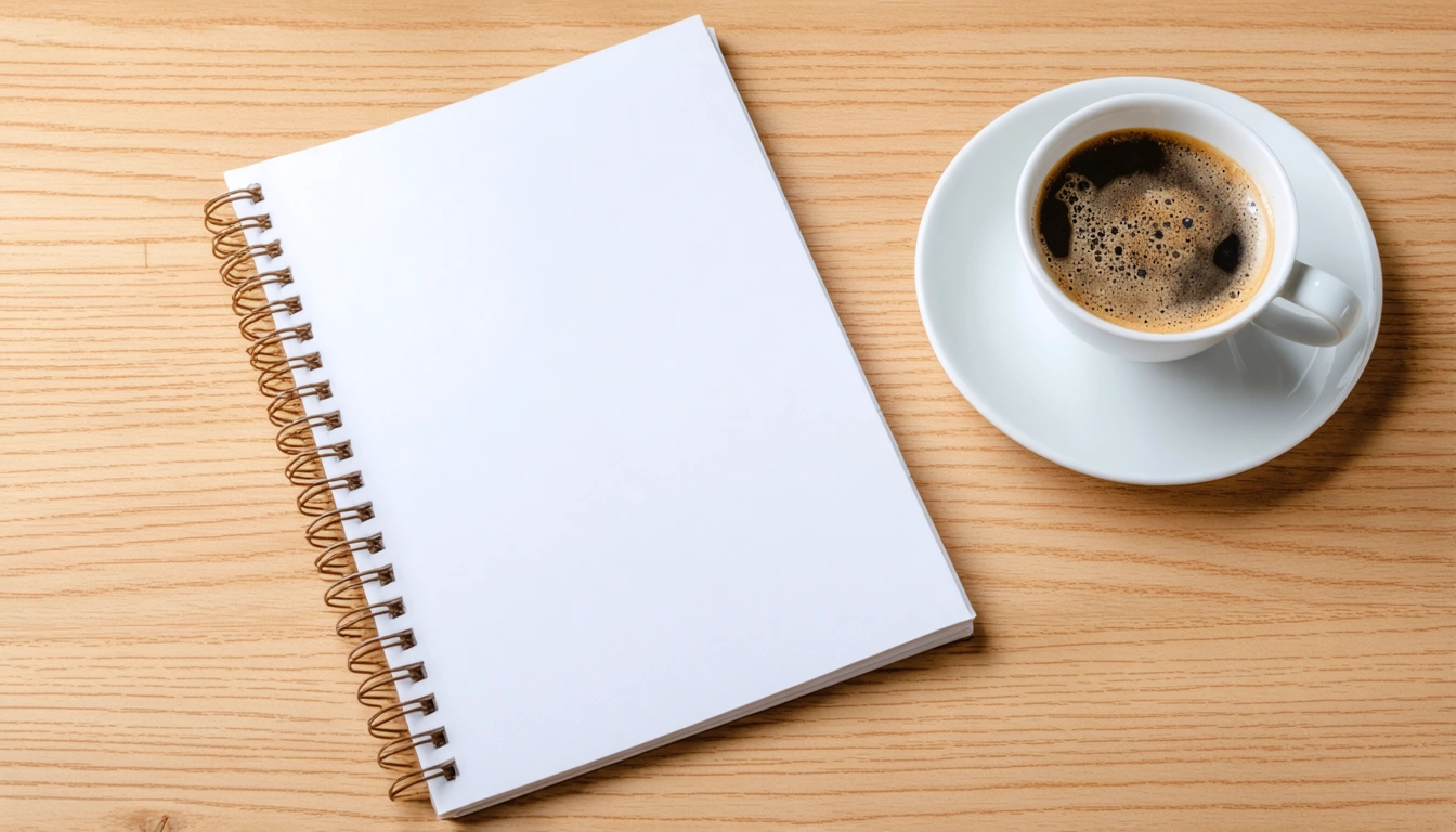 Ein Notizbuch und eine Kaffeetasse auf einem hellen Holztisch, leicht desaturierte Farben, Tageslichtatmosphäre