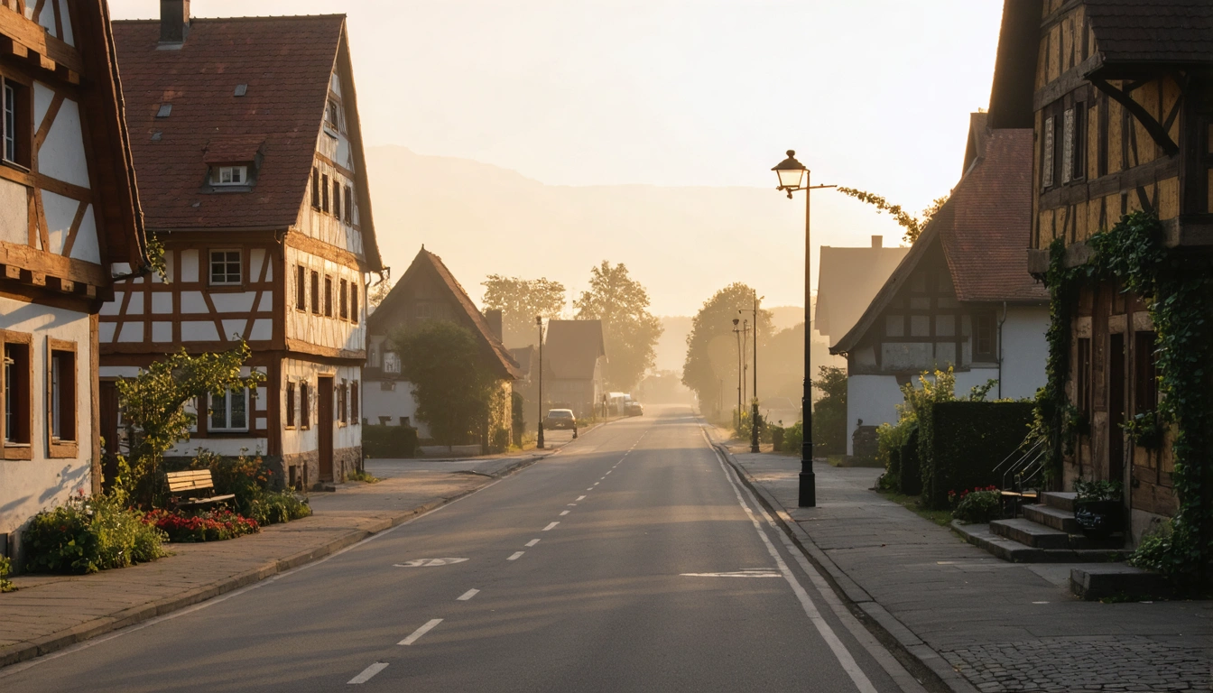 Eine leere Dorfstraße mit Fachwerkgebäuden in Deutschland, goldenes Nachmittagslicht, keine Personen