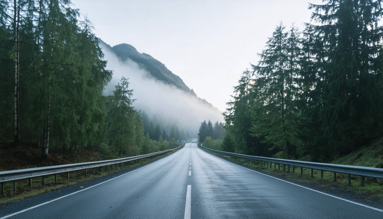 Eine leere Bergstraße in Deutschland, Morgendunst, Bäume beiderseits, Weitwinkelaufnahme